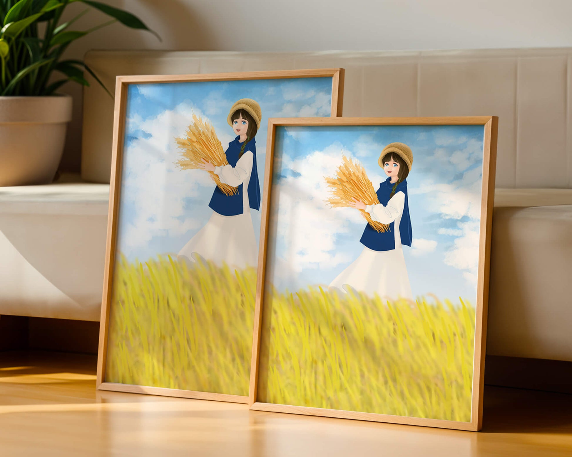 Young girl in a wheat field on a sunny day illustration