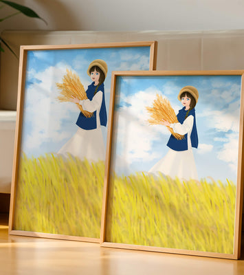 Young girl in a wheat field on a sunny day illustration