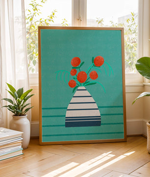 Vase with Red Flowers on a Textured Blue Background - Mi tienda