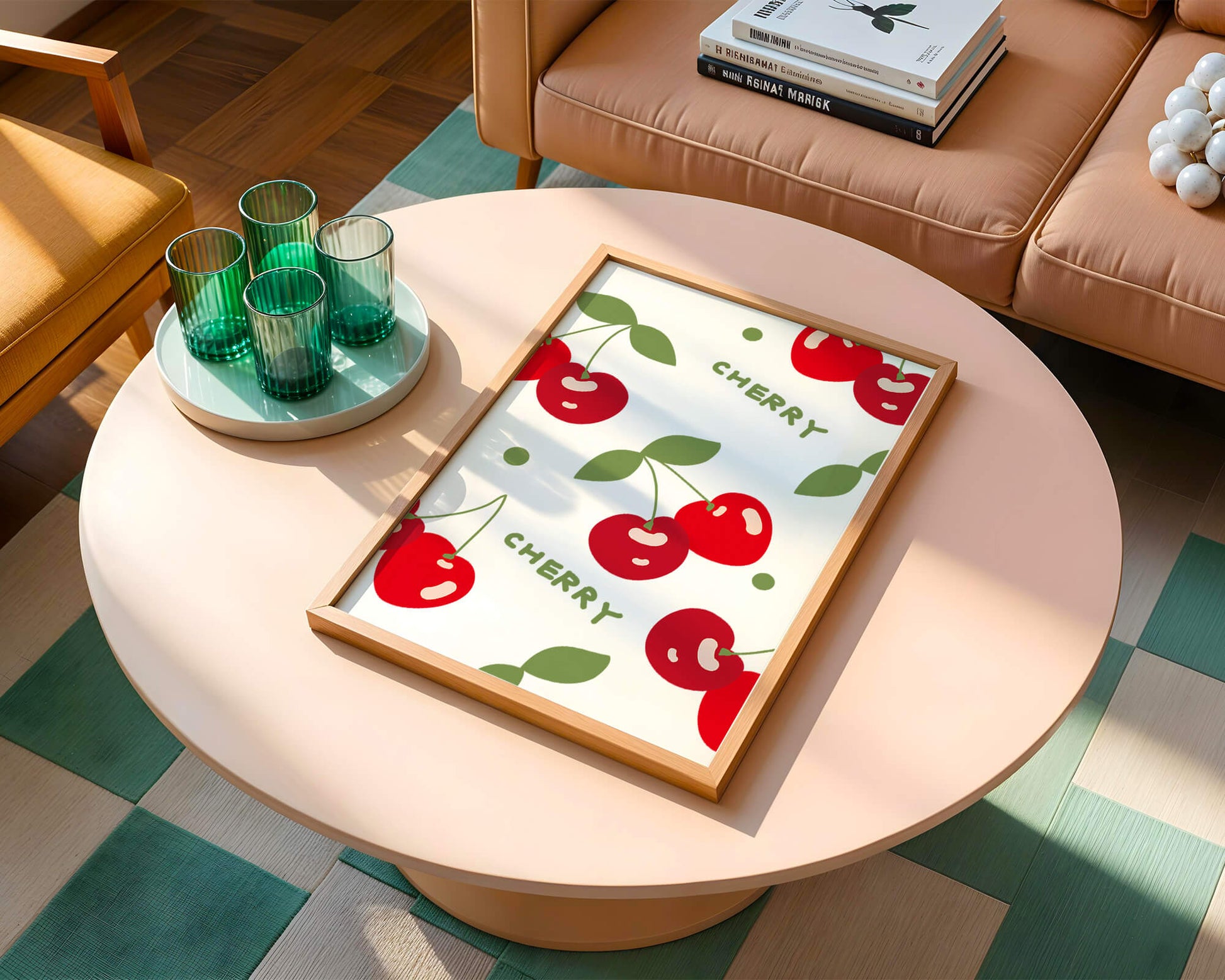 Cherry pattern on black background with green leaves