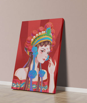 Traditional Asian art depicting stylized woman with ornate headdress