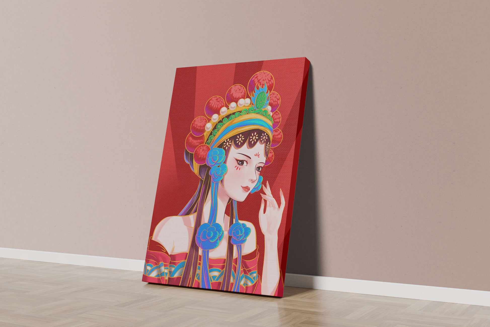 Traditional Asian art depicting stylized woman with ornate headdress