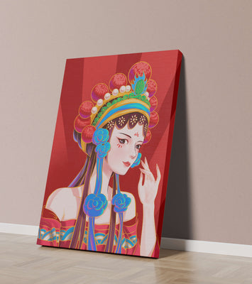 Traditional Asian art depicting stylized woman with ornate headdress