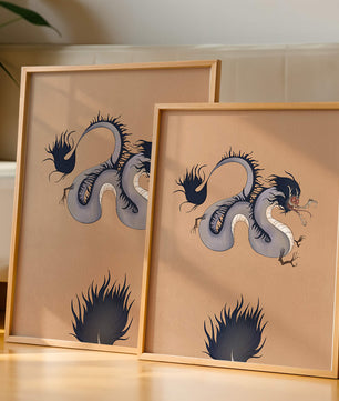 Illustration of a mystical dragon with fluid form on a beige background