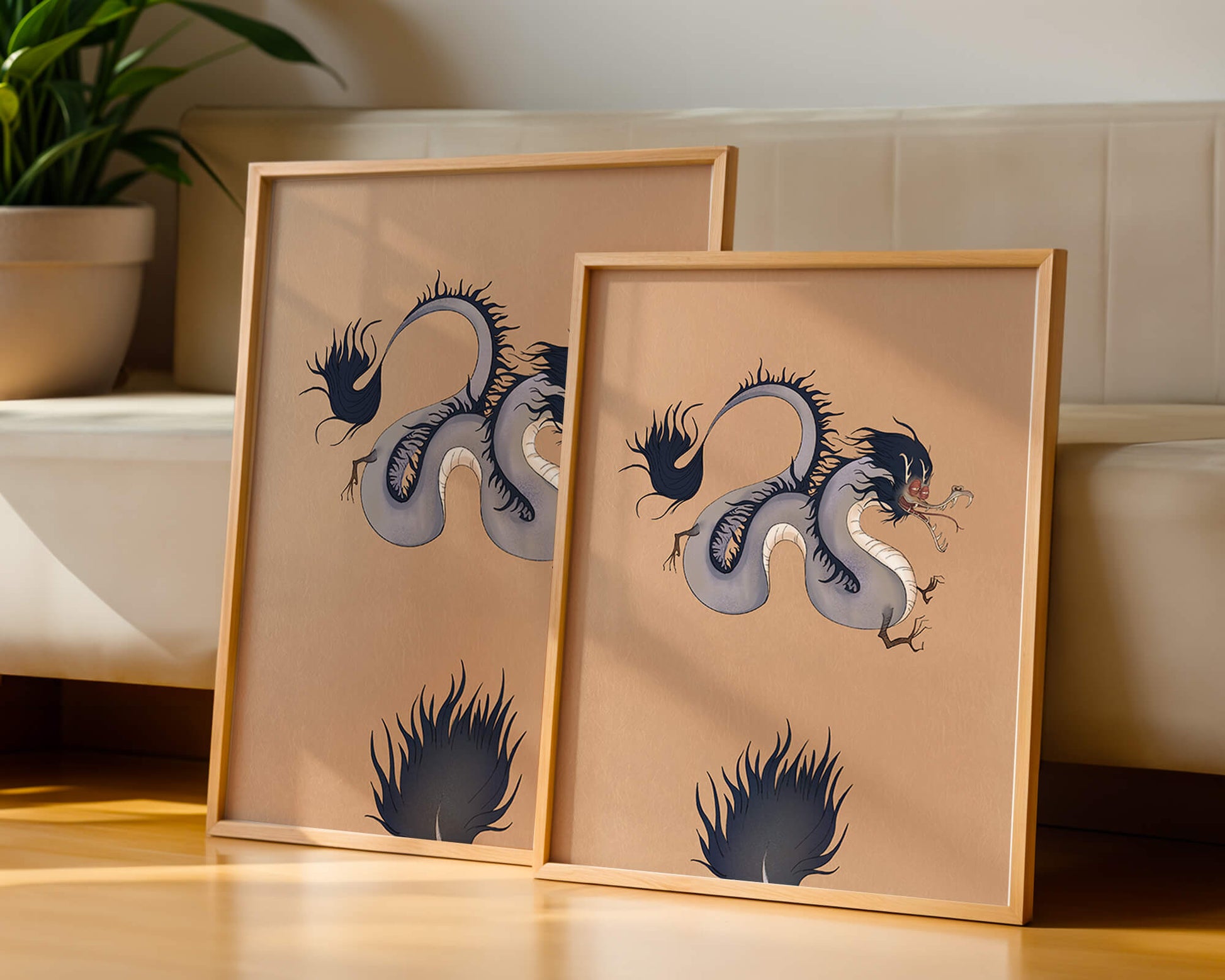Illustration of a mystical dragon with fluid form on a beige background