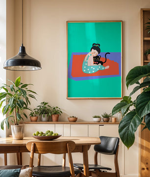 Gemütliche Illustration eines Mädchens, das eine Katze auf einer bunten Matte umarmt