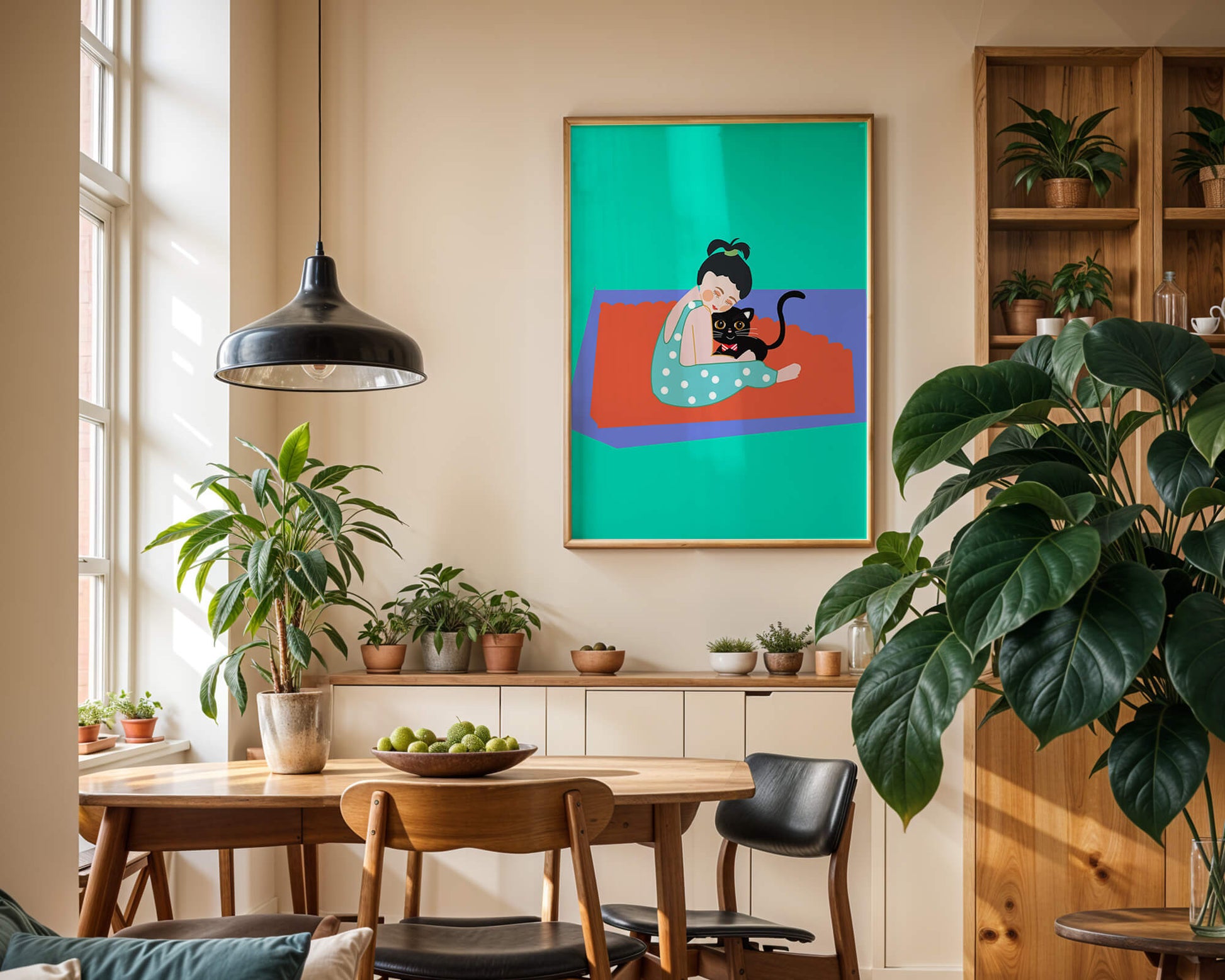 Gemütliche Illustration eines Mädchens, das eine Katze auf einer bunten Matte umarmt