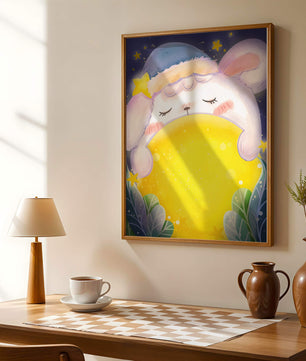 Sleepy rabbit with starry hat holding a glowing ball in a dreamy night scene