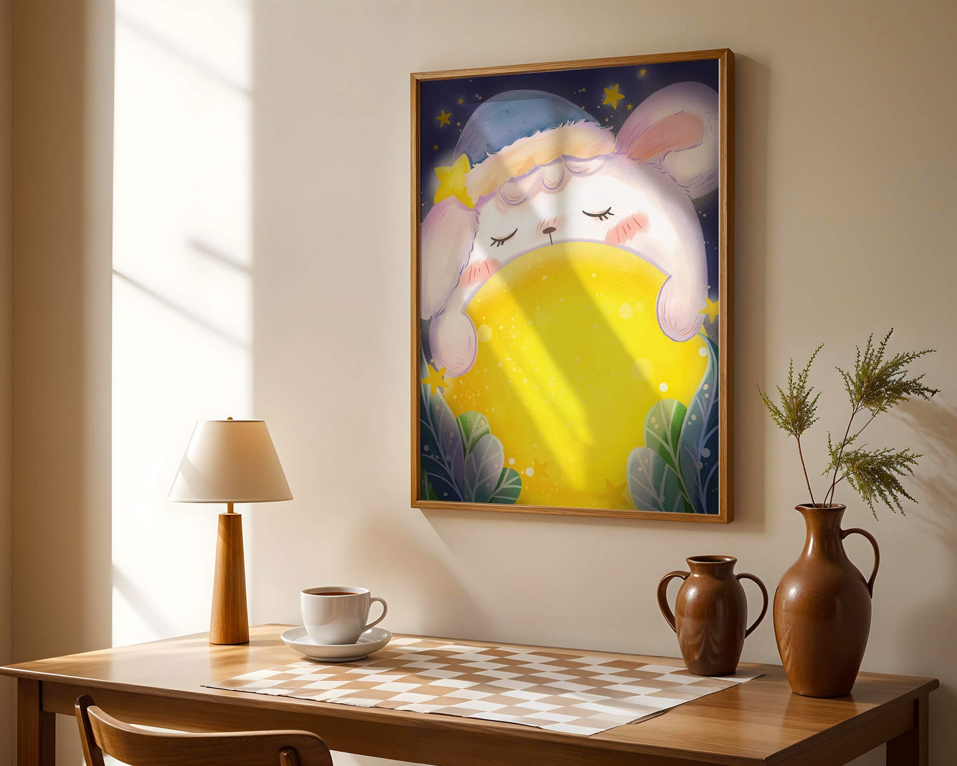 Sleepy rabbit with starry hat holding a glowing ball in a dreamy night scene
