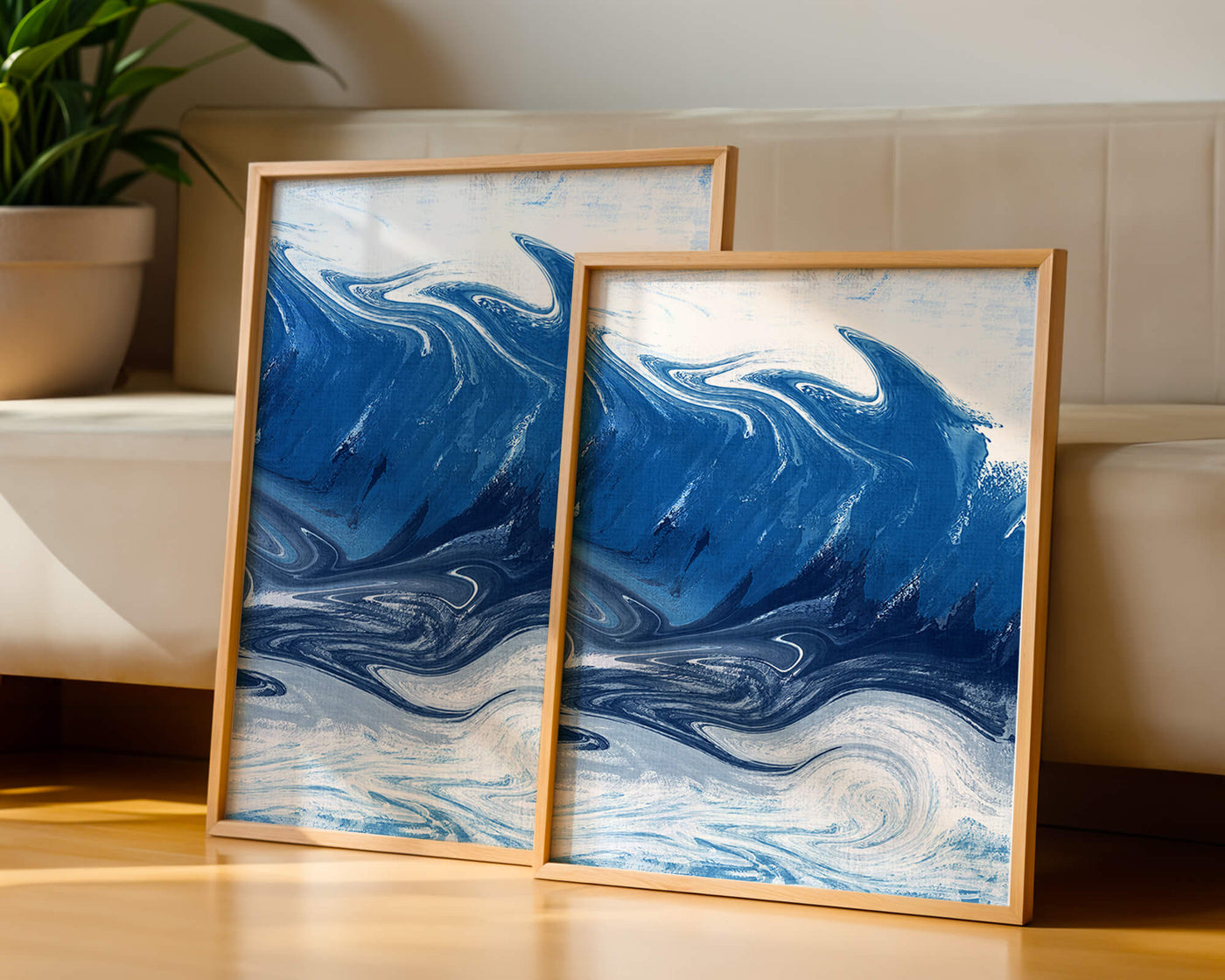 Abstract blue and white ocean wave painting with swirling patterns