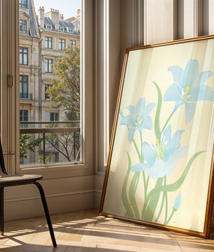 Ilustración elegante de flores azul claro con tallos verdes
