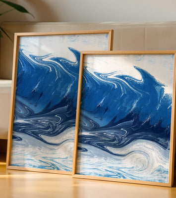 Abstract blue and white ocean wave painting with swirling patterns