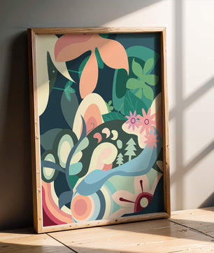 Abstract botanical artwork with vibrant colors and natural elements