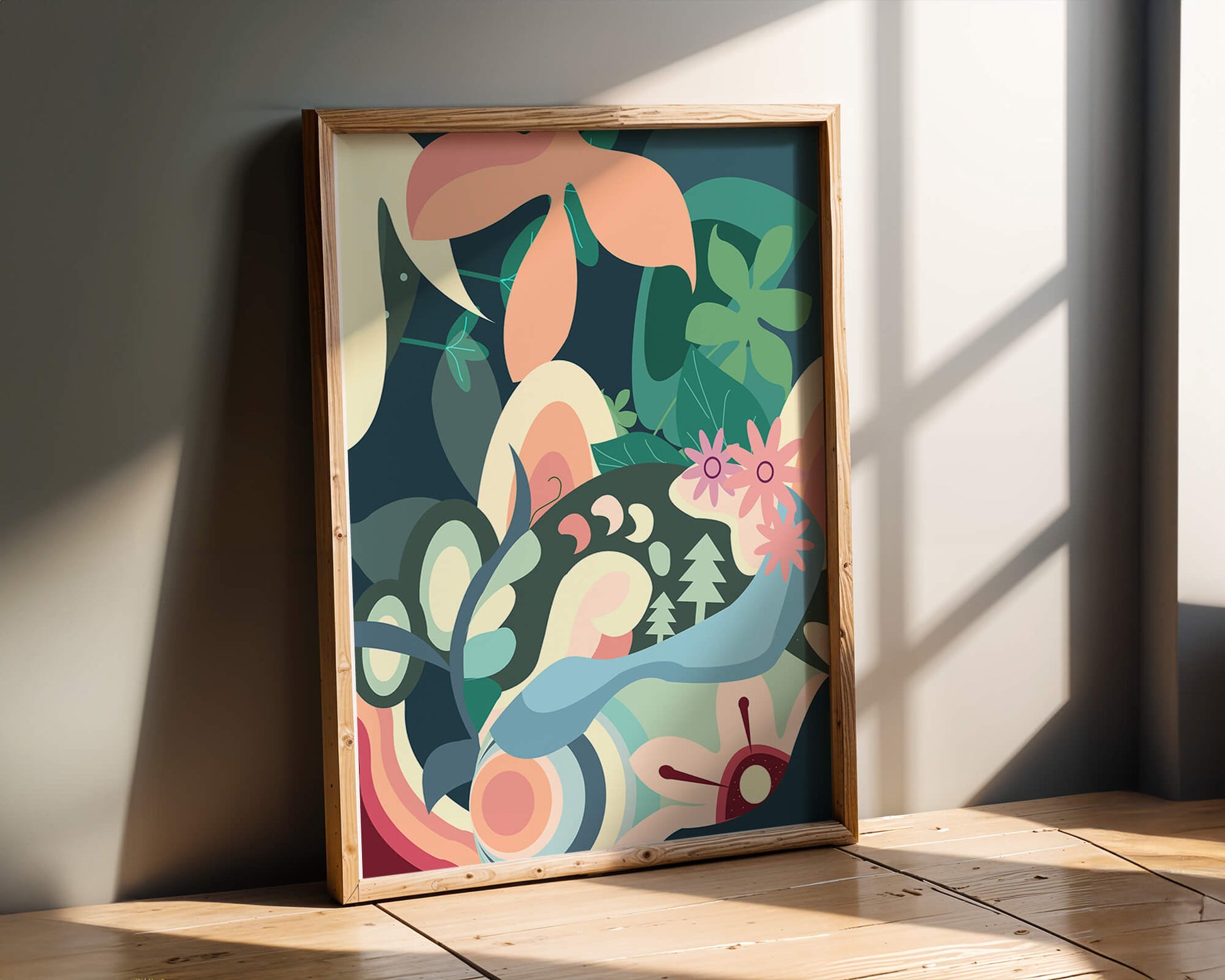 Abstract botanical artwork with vibrant colors and natural elements