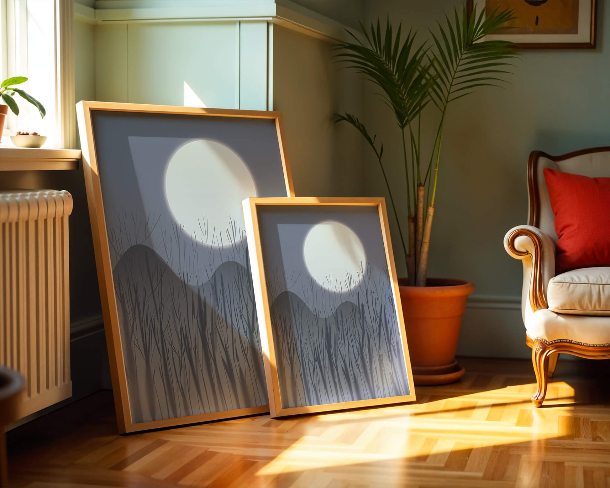 Ruhige Nachtlandschaft mit Vollmond und kahlen Bäumen