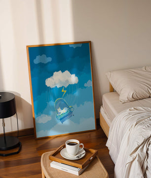 Gato soñador en un sillón flotante en un cielo nublado surrealista