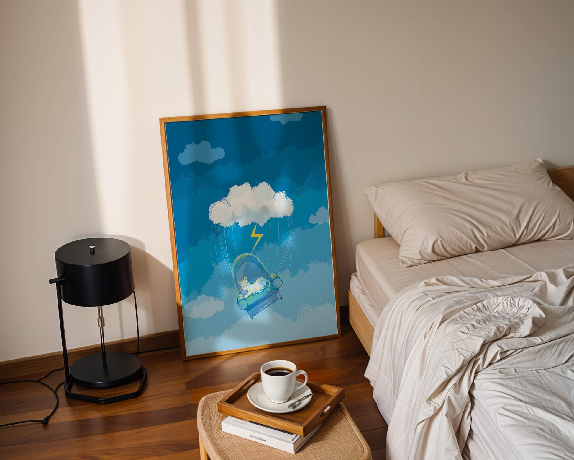 Dreamy Cat on a Floating Armchair in a Surreal Cloudy Sky