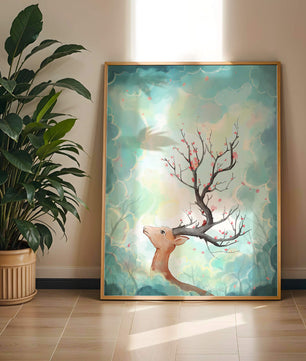 Ciervo surrealista con ramas como cuernos sobre fondo nublado en tonos pastel