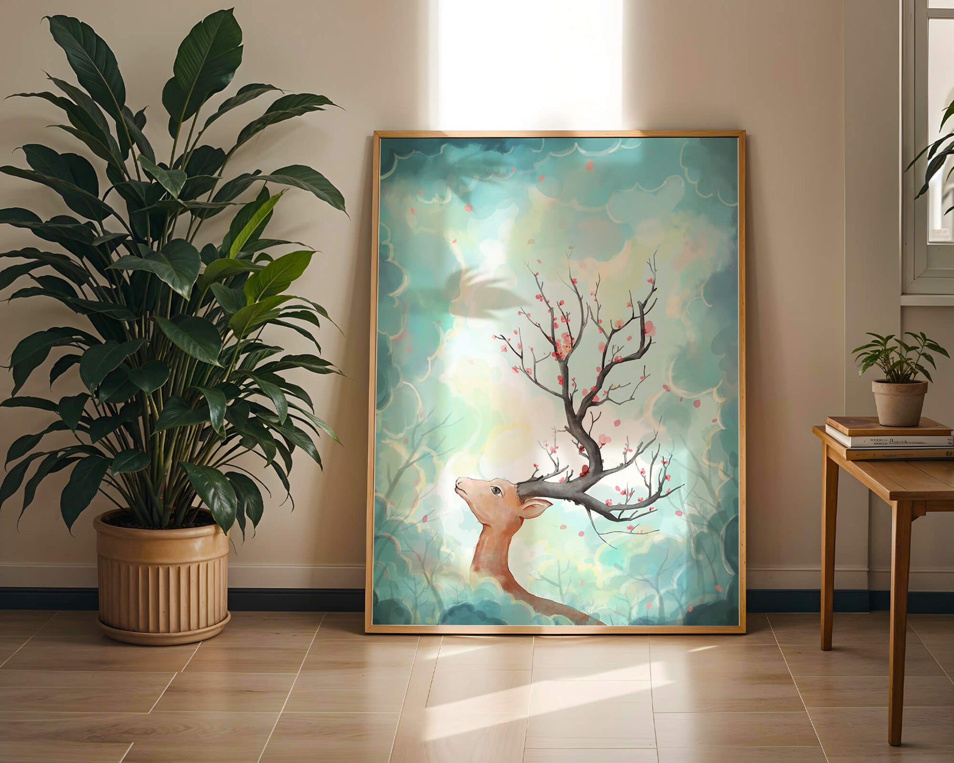 Surreal deer with branches for antlers in a pastel cloudy background