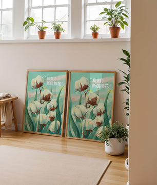 Ilustración de plantas de algodón con texto de apoyo en chino