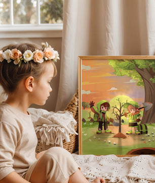 Kinder pflanzen einen Baum in einer lebendigen Sonnenuntergangslandschaft
