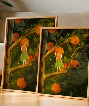 Little Girl Picking Oranges on a Starry Night