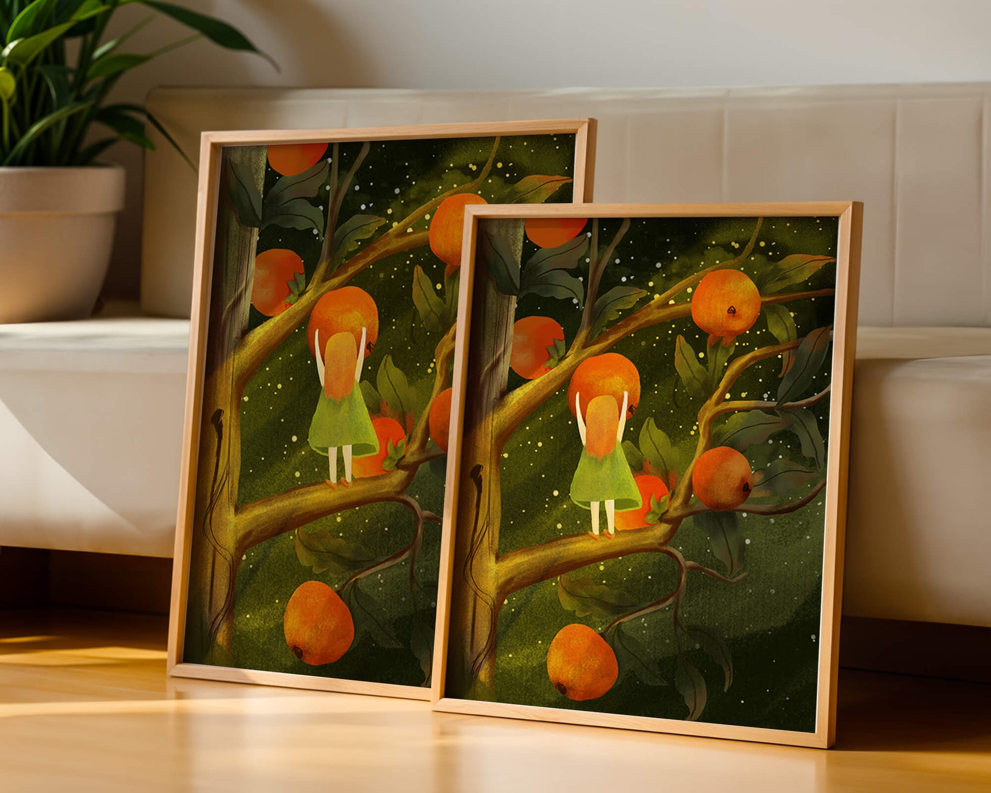 Little Girl Picking Oranges on a Starry Night