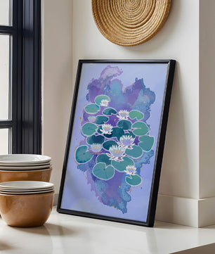 Serene aquatic scene with water lilies on abstract colorful background