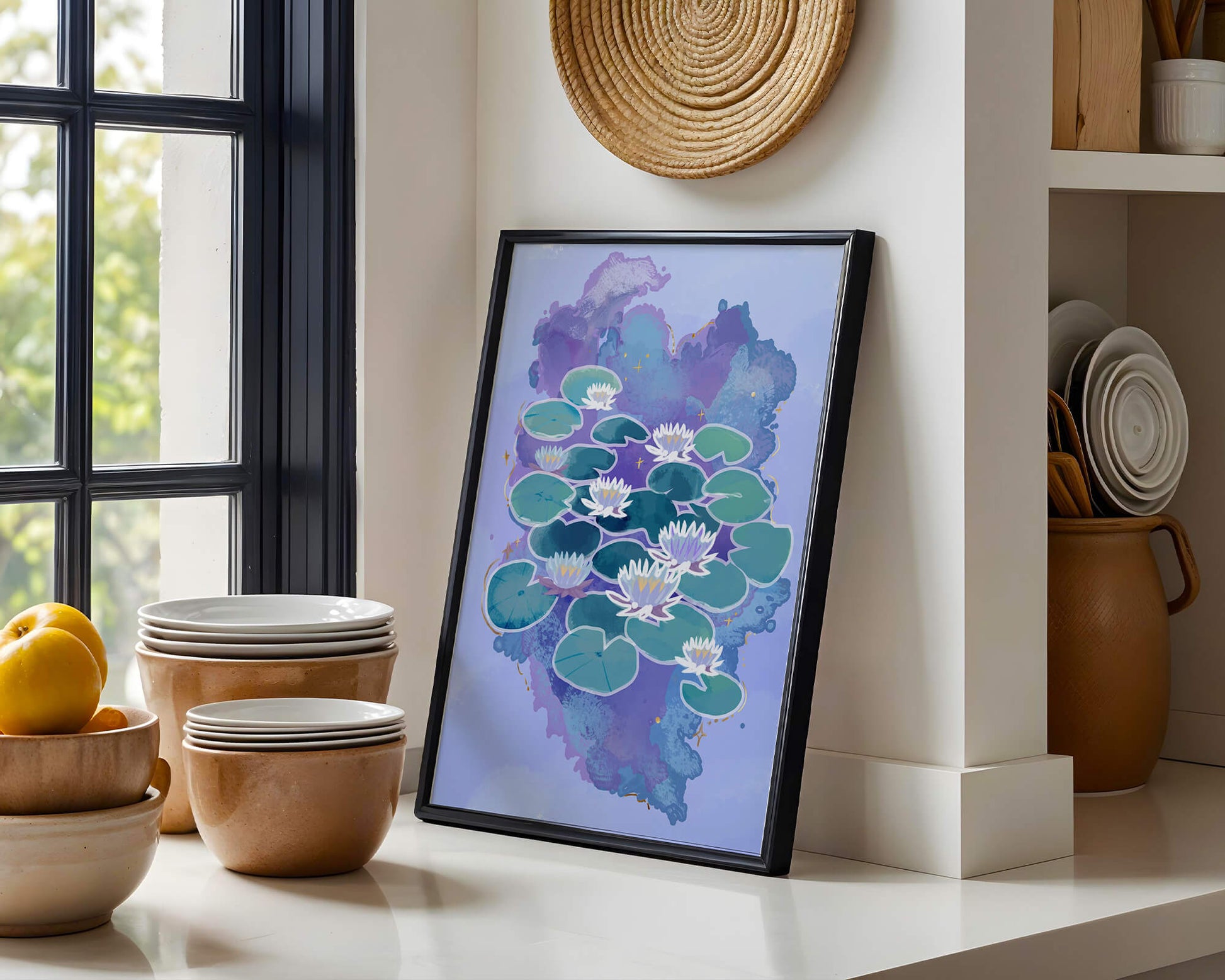 Serene aquatic scene with water lilies on abstract colorful background