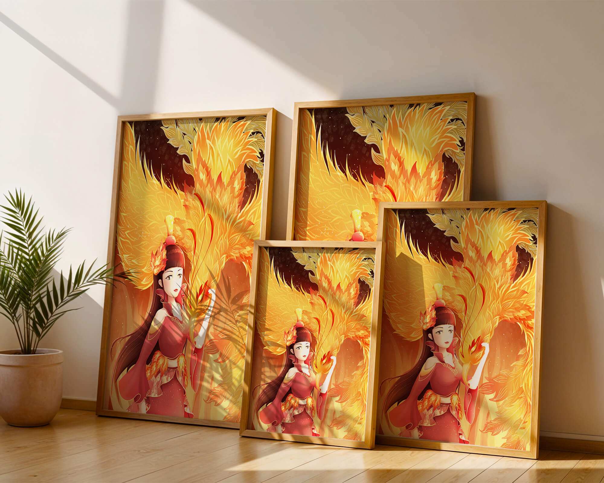 Elegant depiction of a woman with a fiery phoenix
