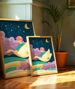 Child flying on a goose through a magical night sky illustration