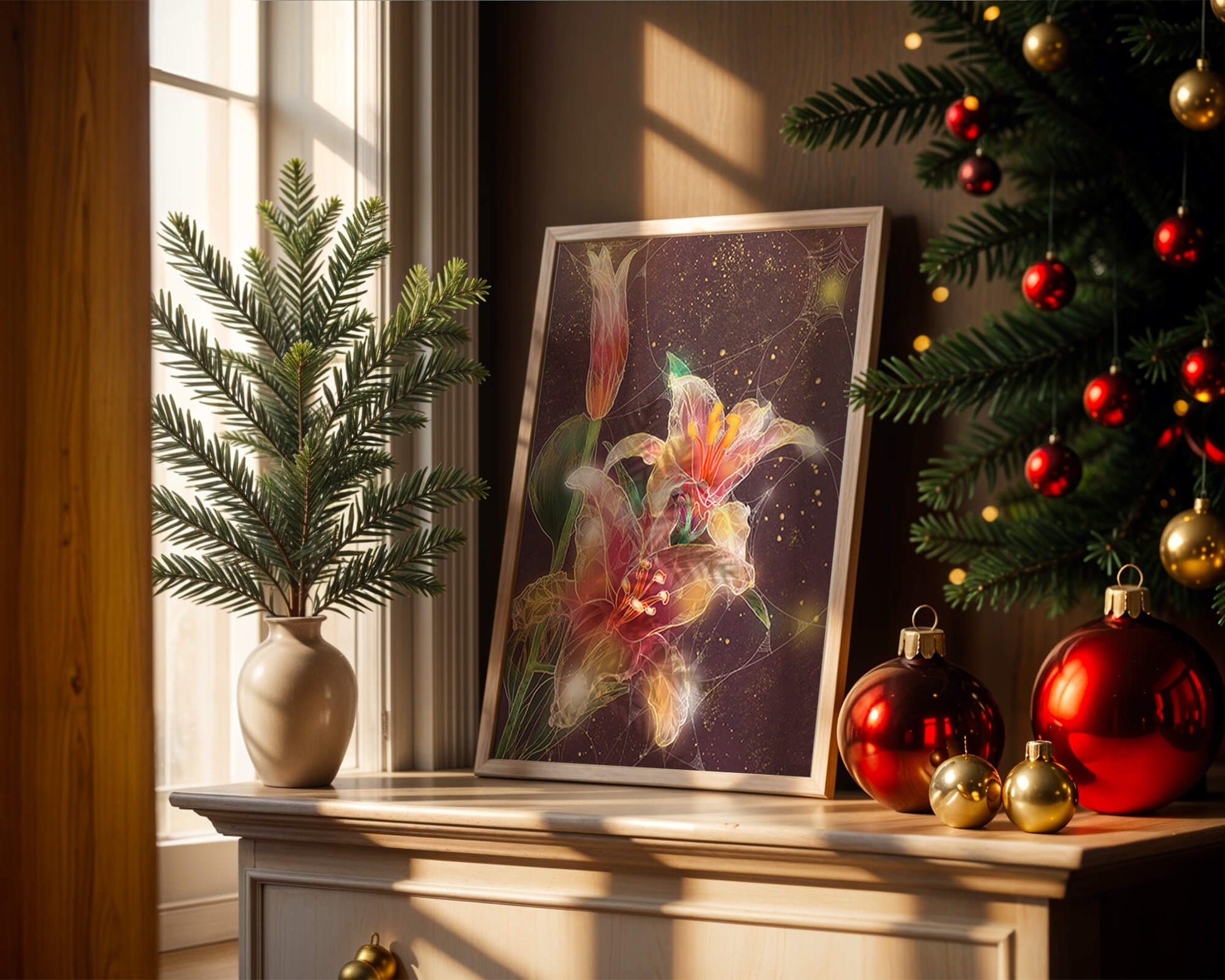 Elegant Floral Composition with Intricate Details and Golden Accents