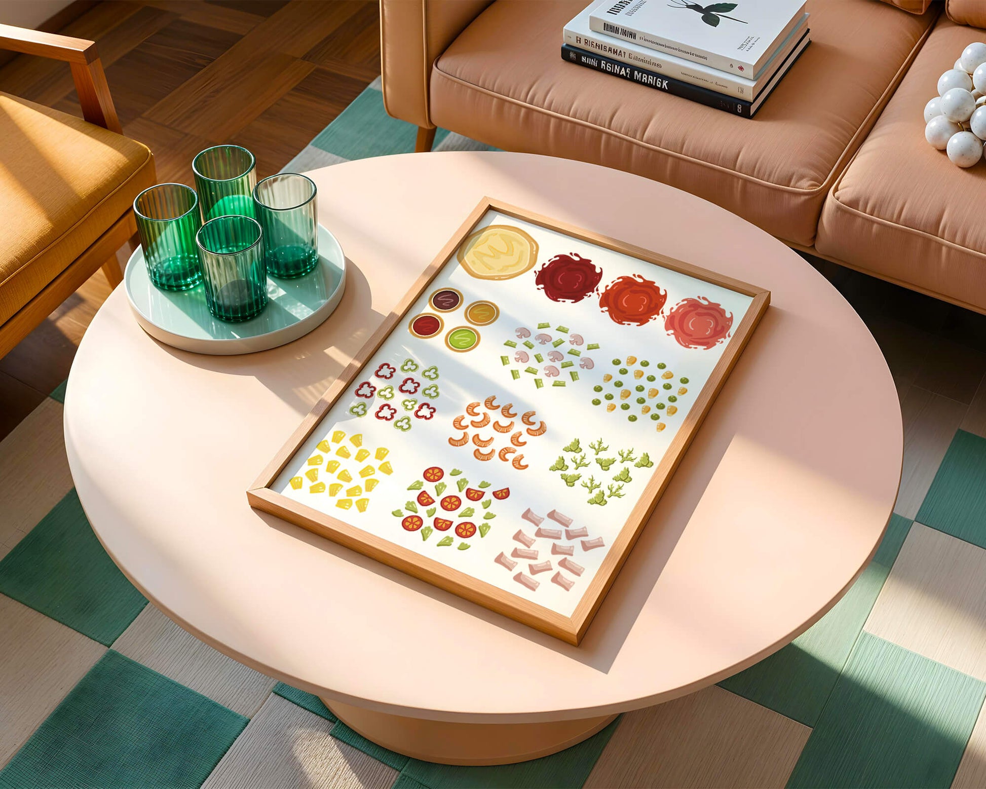 Illustration of various pizza ingredients and toppings