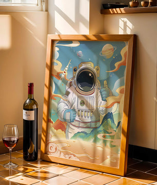 Colorful illustration of an astronaut in space with planets and rocket