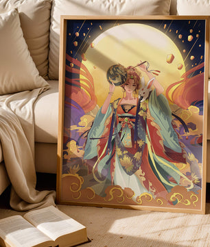 Elegant fantasy illustration with celestial elements and rabbit