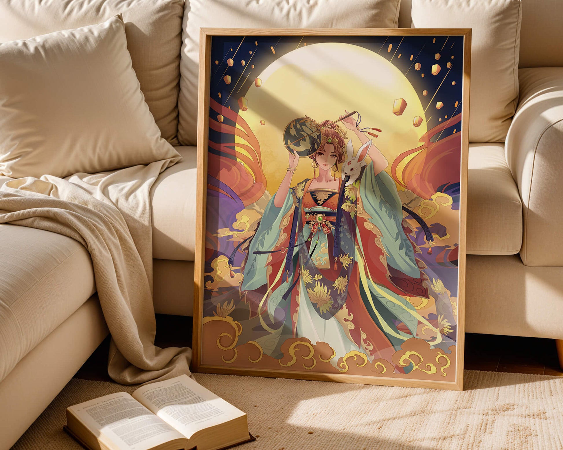 Elegant fantasy illustration with celestial elements and rabbit