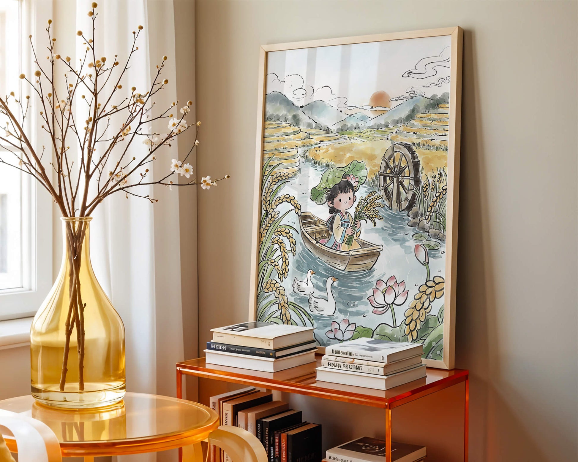 Niña en un bote con campos de arroz y atardecer de fondo