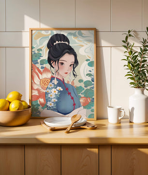 Una mujer elegante con vestido tradicional oriental con patrones florales y flores de loto