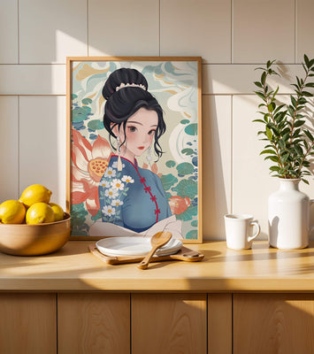 An Elegant Woman in Traditional Oriental Dress with Floral Patterns and Lotus Flowers