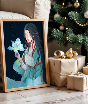 Elegant Woman Holding Glowing Lotus in Tranquil Nightscape