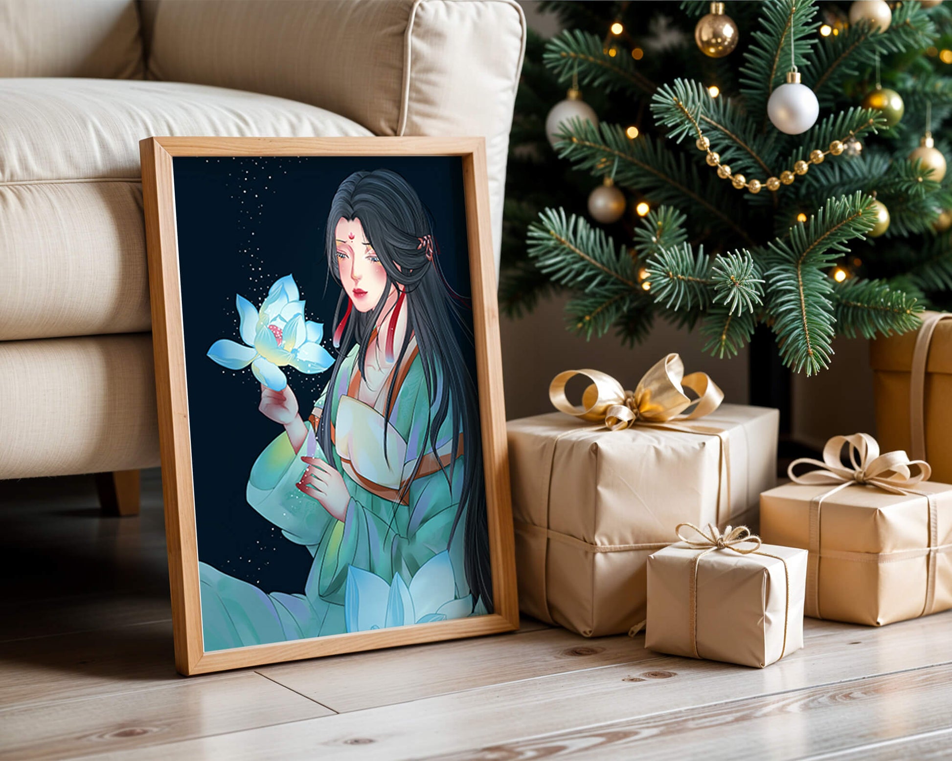 Elegant Woman Holding Glowing Lotus in Tranquil Nightscape