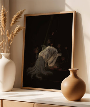 Abstract depiction of a figure surrounded by floral elements