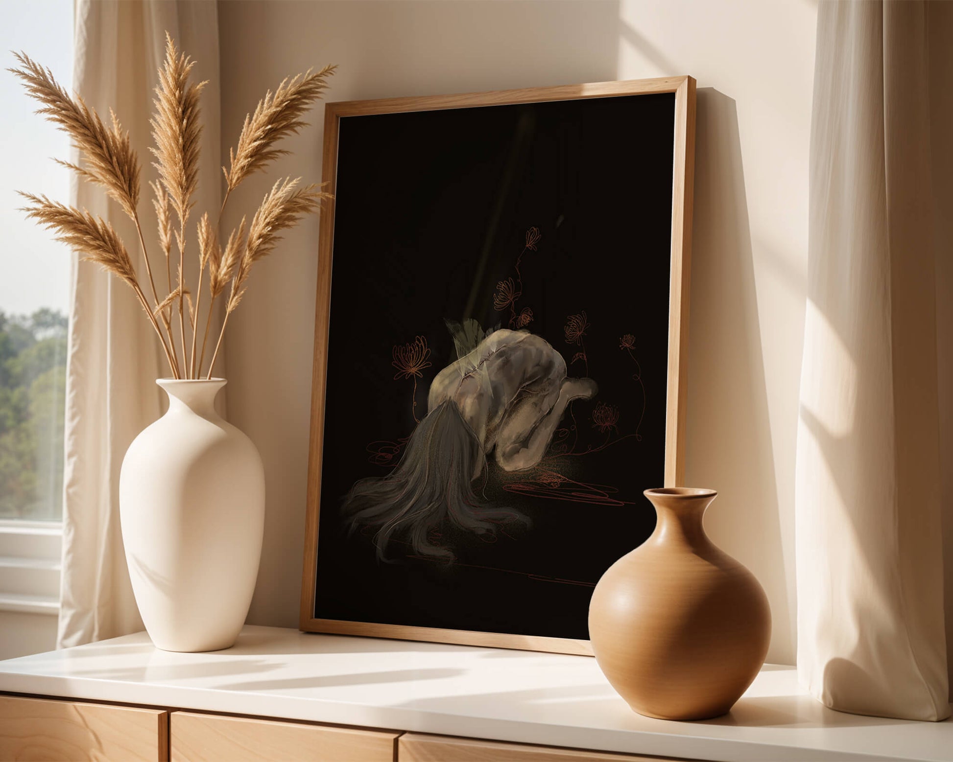 Abstract depiction of a figure surrounded by floral elements