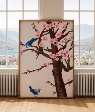 Ilustración encantadora de un árbol de cerezo con pájaros