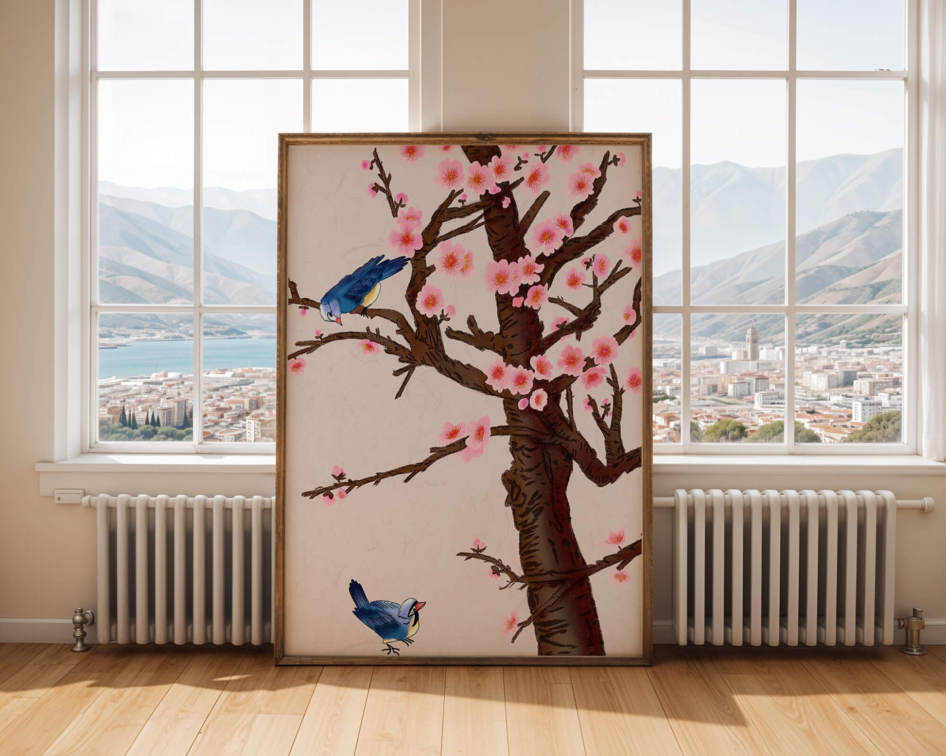 Charming illustration of cherry blossom tree with birds