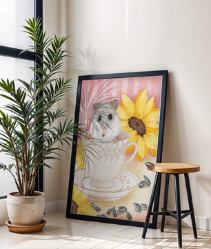 Hámster adorable en una taza de té con girasoles y semillas