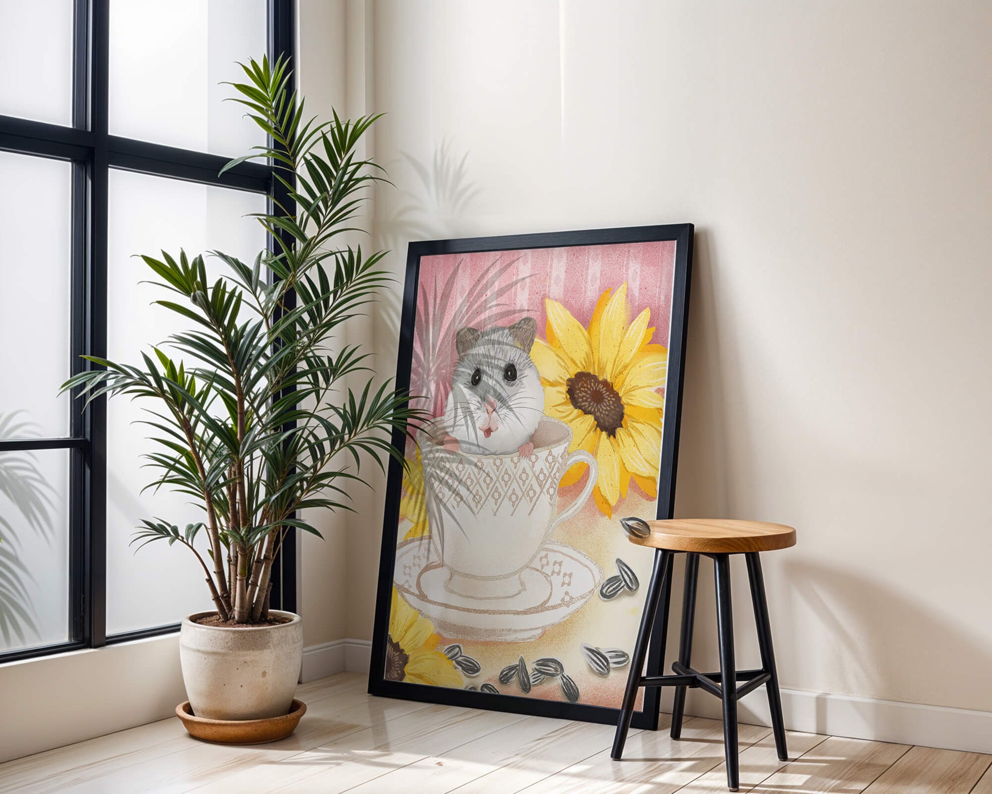 Adorable hamster in teacup with sunflowers and seeds