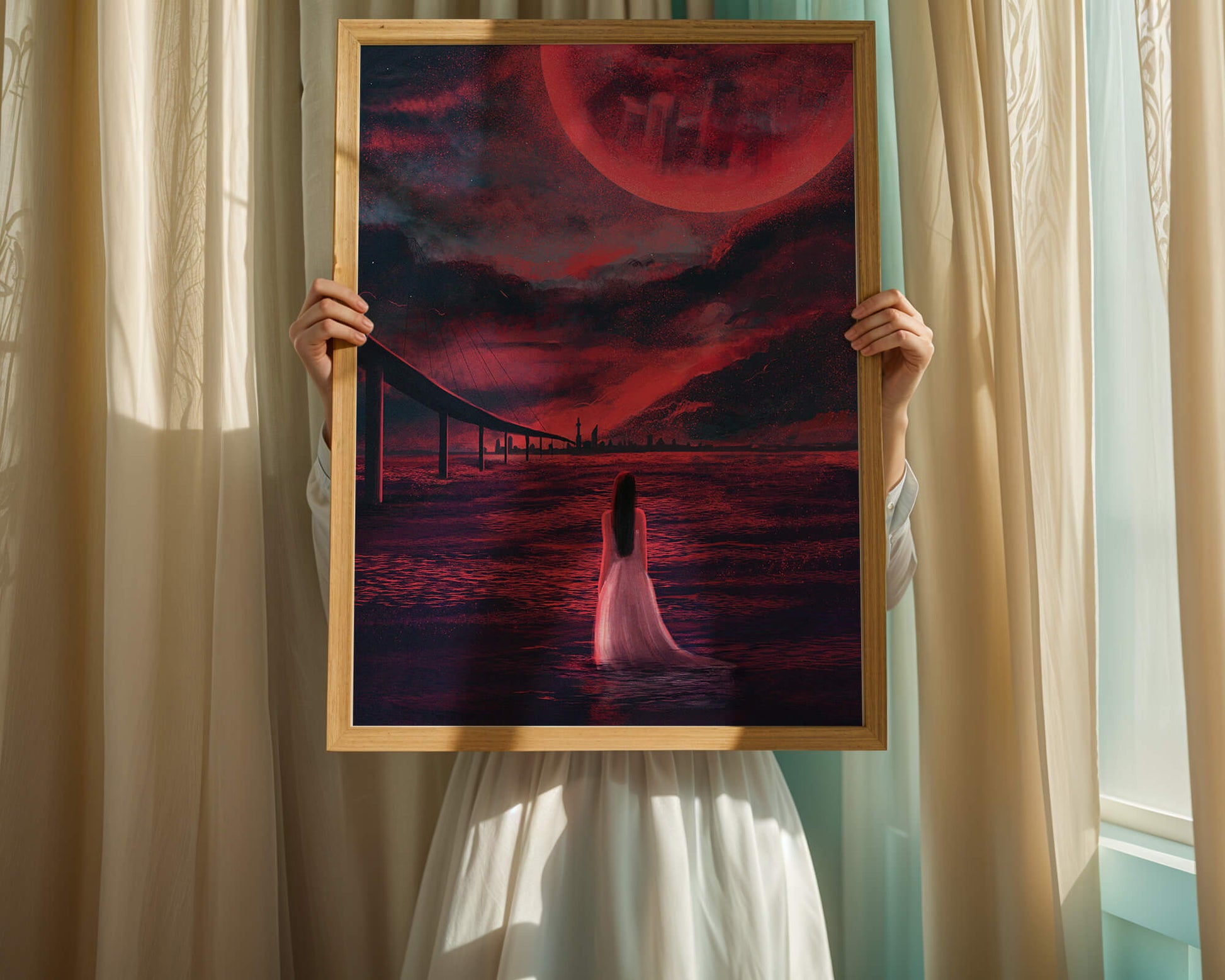 Dreamlike landscape with bridge and red night sky