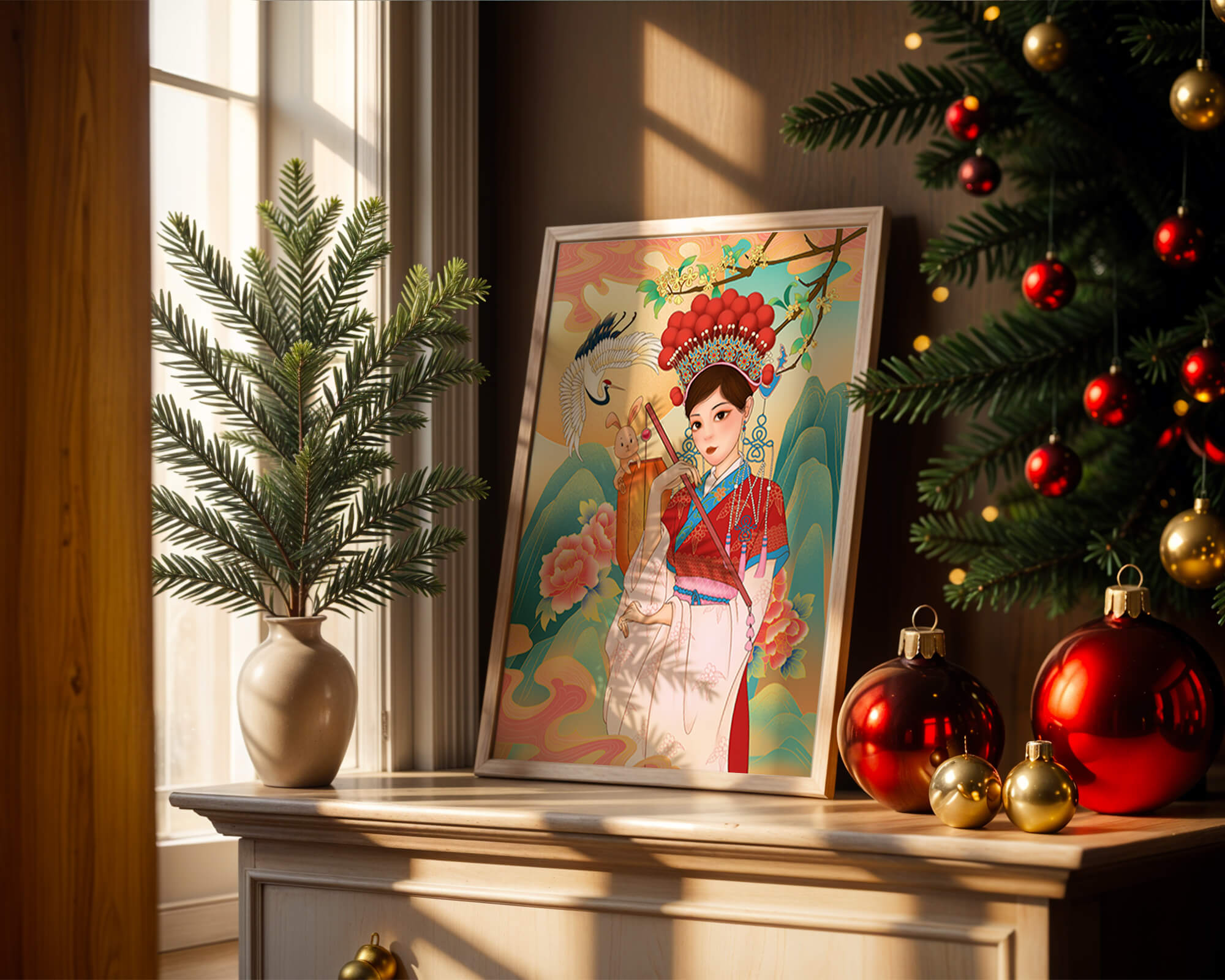 Elegant traditional Chinese illustration featuring a woman in vibrant attire with floral and animal motifs