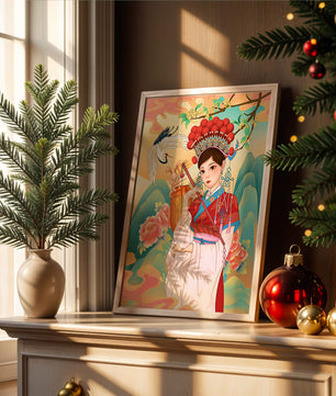 Elegante traditionelle chinesische Illustration mit einer Frau in lebendiger Kleidung mit Blumen- und Tiermotiven